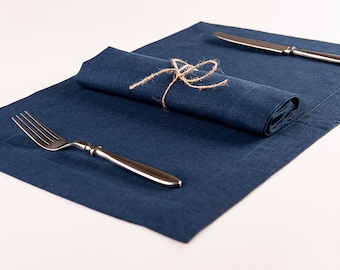 Indigo table napkins and placemats, Dark blue linen napkins and linen placemats, Placemat set, Napkin set