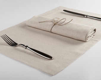 Table napkins and placemats, Handmade napkin and placemat set, Deep hems, Mitered corners, Natural linen cotton blend fabric