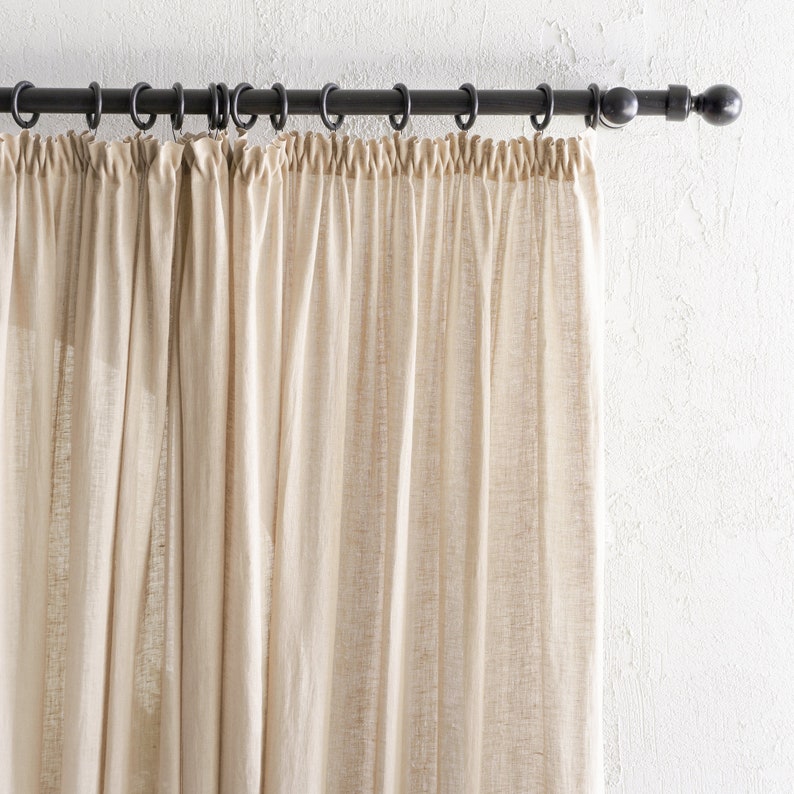 Linen window curtain panels, Sheer curtains for living room or bedroom, Lightweight natural linen drapes with pleated heading tape and hooks image 4