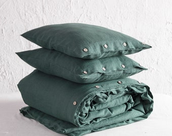 Linen bedding set Forest green, Linen duvet cover set with pillowcases, Double, Full, King, Queen duvet set