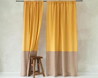 Natural Color Block Curtains, Linen Curtain Panel, Privacy or Blackout, Custom Rod Pocket Drapes