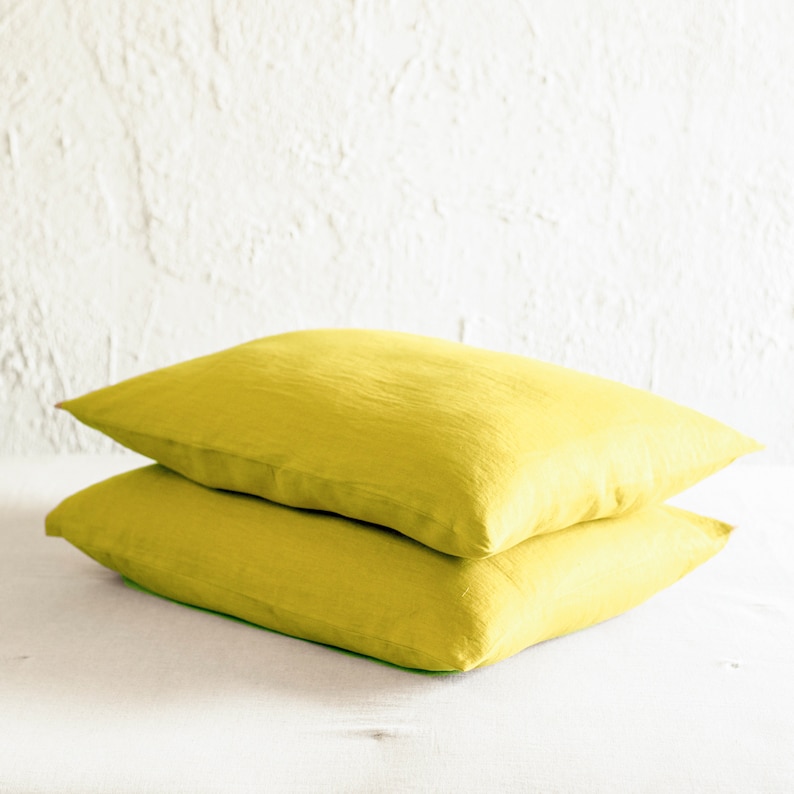 Chartreuse linen pillowcase 30 colors, Linen pillowcases with envelope closure, Chartreuse linen bedding, Includes 1 pillowcase image 3