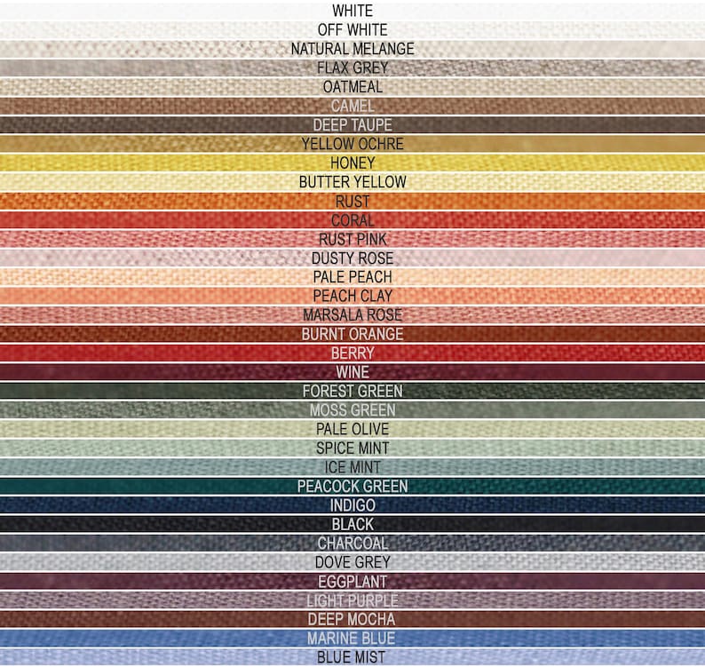 Puede incluir: Una carta de colores con 30 muestras de tela, cada una etiquetada con un nombre de color. Los colores van del blanco al azul niebla.