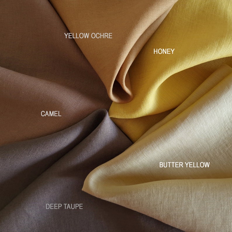 May include: Five fabric swatches in different shades of yellow, brown, and beige. The swatches are labeled "Yellow Ochre", "Honey", "Camel", "Deep Taupe", and "Butter Yellow".
