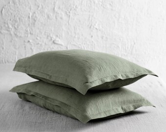 Oxford linen pillowcase in 30 colors, Linen pillowcases, Moss green envelope pillow cover with flange, Linen bedding, Includes 1 pillowcase