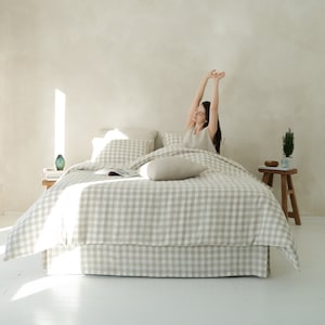 Linen Duvet Cover Gingham, Checkered Linen Bedding, Natural Gingham Duvet Covers Queen, Full, Twin, Double