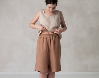 Pantaloncini lunghi in lino con tasche, pantaloncini elastici in vita da donna, pantaloncini al ginocchio, abbigliamento naturale da donna