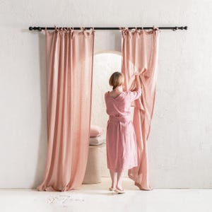 Rideaux avec attaches en lin or rose, 1 panneau de rideau en lin naturel, rideaux en lin transparent avec attaches pour le salon, la chambre à coucher ou le lit à baldaquin