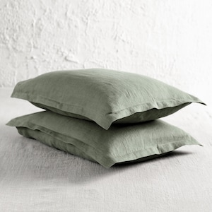 Oxford linen pillowcase, Moss green pillow covers with flange, Linen bedding, Includes 1 pillowcase King, Queen, Standard, Euro size