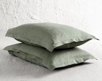 Oxford linen pillowcase, Moss green pillow covers with flange, Linen bedding, Includes 1 pillowcase King, Queen, Standard, Euro size