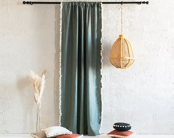 Linen window curtains with tassel fringe, Rod pocket curtains, 1 natural window curtain panel, Unlined or Blackout curtains with tassels