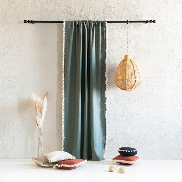 Linen Tassel Curtains, Natural Window Curtains, Linen Curtain Panels with tassels, Blackout or Privacy Lined Drapes