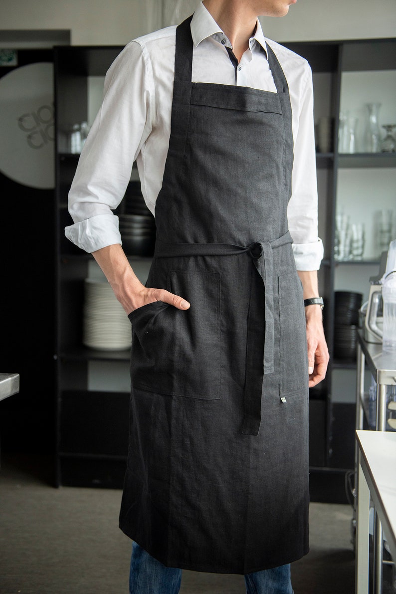 Linen apron for men, 30 colors, Black linen men's apron with pockets, Long grill apron, Aprons for men, Full apron for cook image 4