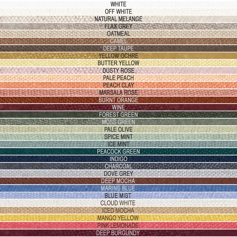 Puede incluir: Una carta de colores con una variedad de muestras de tela. Las muestras muestran una gama de colores, incluyendo blanco, gris, beige, marr&oacute;n, amarillo, rosa, naranja, rojo, verde, azul y morado. Cada muestra est&aacute; etiquetada con su nombre de color correspondiente.