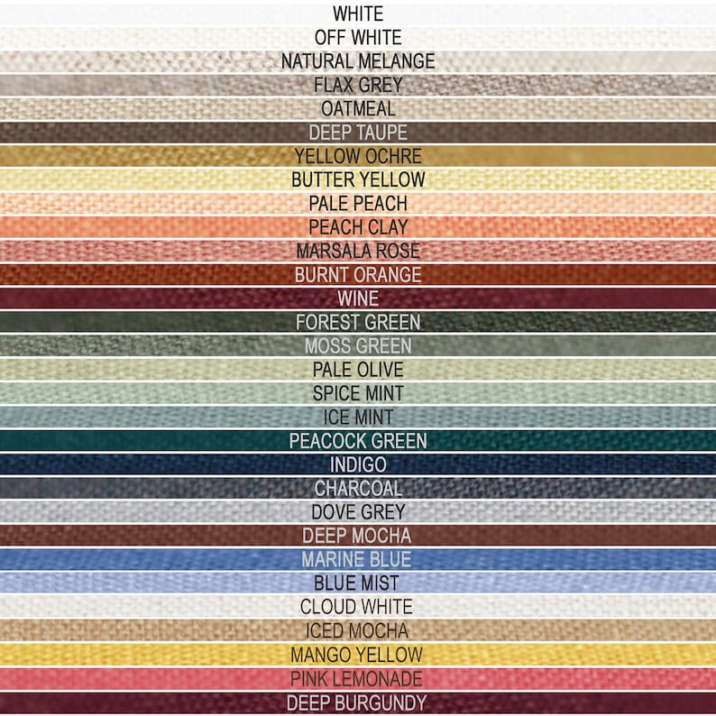 Może przedstawiać: Wzornik kolor&oacute;w z poziomymi pr&oacute;bkami tkanin i etykietami, takimi jak White, Off White, Natural Melange, Flax Grey, Oatmeal, Deep Taupe, Yellow Ochre, Butter Yellow, Pale Peach, Peach Clay, Marsala Rose, Burnt Orange, Wine, Forest Green, Moss Green, Pale Olive, Spice Mint, Ice Mint, Peacock Green, Indigo, Charcoal, Dove Grey, Deep Mocha, Marine Blue, Blue Mist, Cloud White, Iced Mocha, Mango Yellow, Pink Lemonade oraz Deep Burgundy.