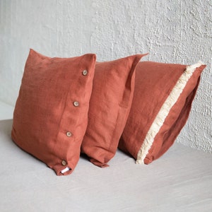 Linen pillowcase with buttons, Burnt orange linen pillowcases with coconut buttons closure, Burnt orange bedding, Includes 1 pillowcase image 8