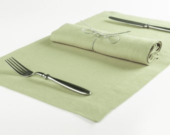 Table napkins and placemats Pale olive, Linen table napkin and placemat set, Custom color linen napkins and fabric placemats with deep hems