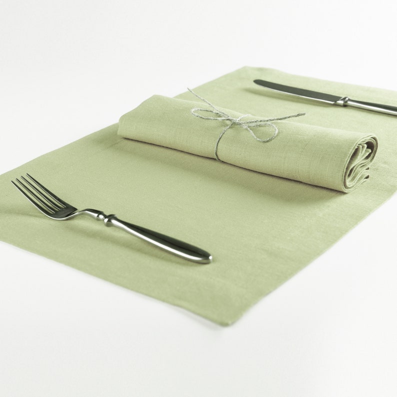 Table napkins and placemats Pale olive, Linen table napkin and placemat set, Custom color linen napkins and fabric placemats with deep hems image 1