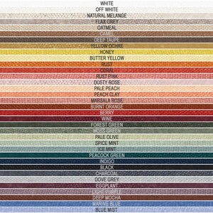 May include: A color chart with 30 fabric swatches, each labeled with a color name. The colors range from white to blue mist.