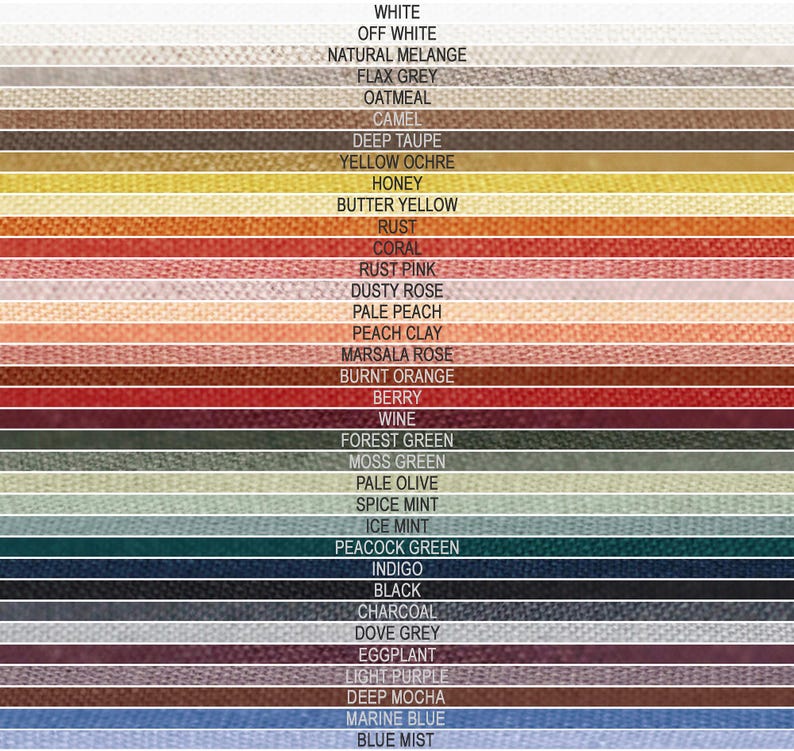 May include: A color chart with 30 fabric swatches, each labeled with a color name. The colors range from white to blue mist.