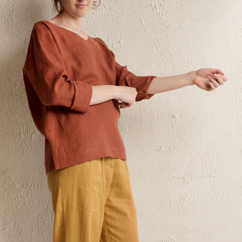 Linen blouse V neck, Long sleeve linen top in various colors, Natural women's clothing image 7