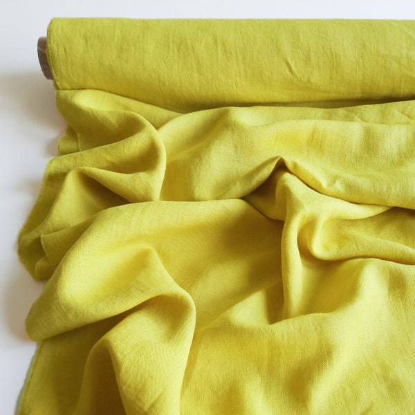 Tissu en lin chartreuse par mètre, tissu en lin jaune vert pour vêtements, linge de table, taies d'oreiller