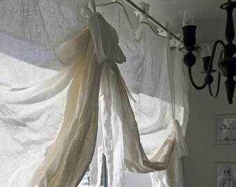 White linen tie up curtain Natural window curtain with organza bows Custom curtains Linen window drapes