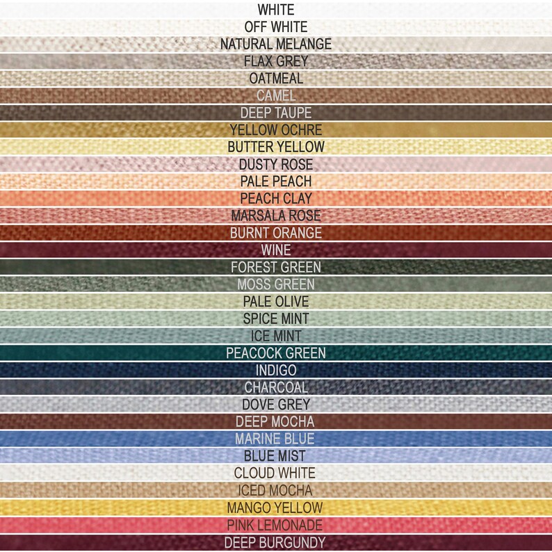 May include: A color chart featuring a variety of fabric swatches. The swatches display a range of colors, including white, off-white, gray, beige, brown, yellow, pink, orange, red, green, blue, and purple. Each swatch is labeled with its corresponding color name.