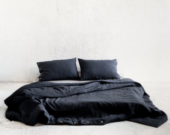 Black linen duvet cover with buttons closure in Queen, King, Twin, Full, Single, Double, Cal King, Black linen bedding