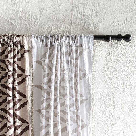 Linen Window Curtains Zig Zag Printed Curtain Panels Rod Etsy