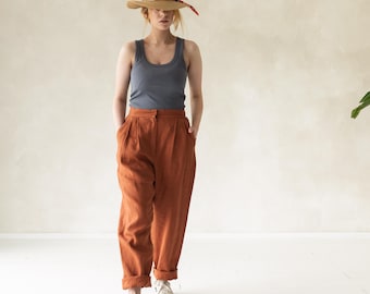 Classic Linen Pants Women, High Waist Wide Leg Pants, Handmade Trousers with Pockets
