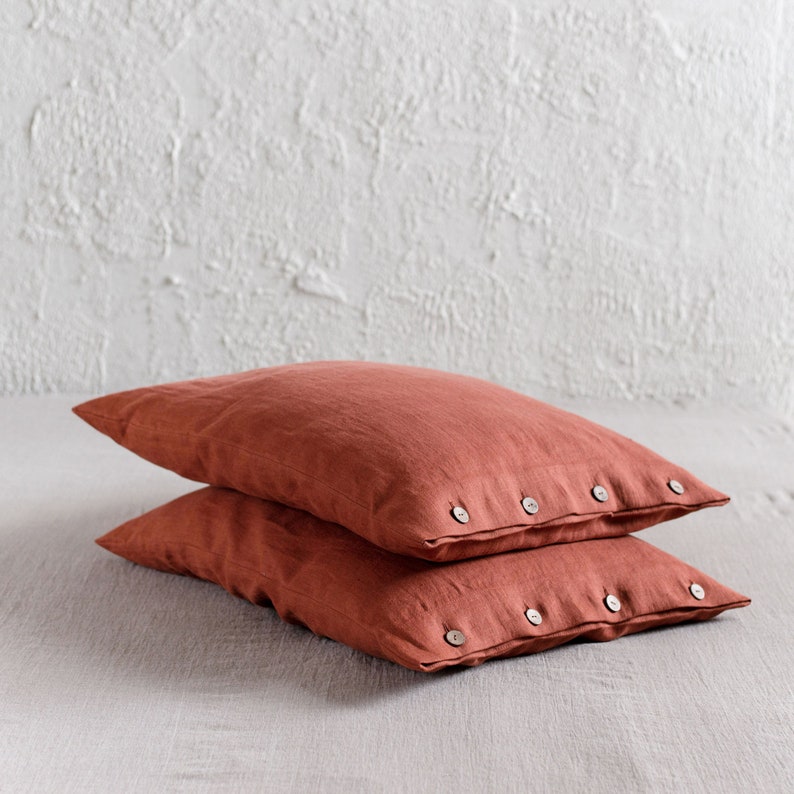 Linen pillowcase with buttons, Burnt orange linen pillowcases with coconut buttons closure, Burnt orange bedding, Includes 1 pillowcase image 1