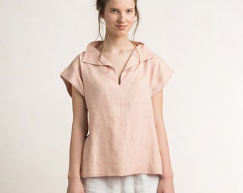 Natural linen blouse Pale peach, Peach linen top for woman, Collared linen shirt, Linen top with short sleeves, Linen women's tops