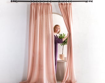 Linen curtains with tape for rings. 8 colors, Sheer linen window curtains with Ruffle. Pleat heading, Handmade linen drapes