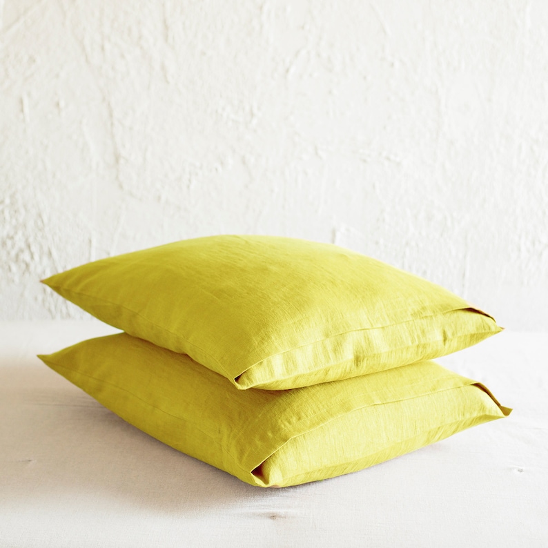 Chartreuse linen pillowcase 30 colors, Linen pillowcases with envelope closure, Chartreuse linen bedding, Includes 1 pillowcase image 1