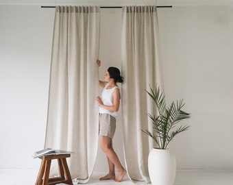 Natural linen curtains with back tabs,  Back tab top blackout curtains bedroom, Linen window curtains for living room, Custom linen drapes