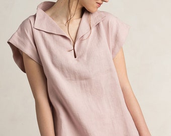 Dusty rose linen blouse, Linen women's clothing, Short sleeve linen shirt, Linen womens tops, Casual linen clothes