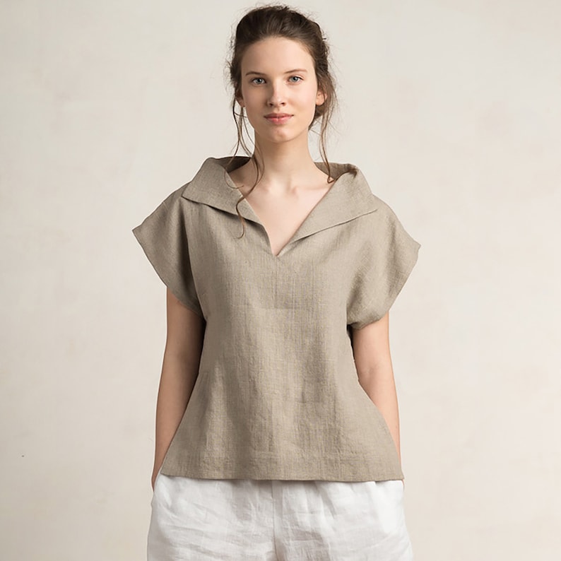 Linen blouse women, Linen women's clothing, Short sleeve linen shirt women, Linen womens tops, Flax grey linen clothes, Linen clothing women image 1