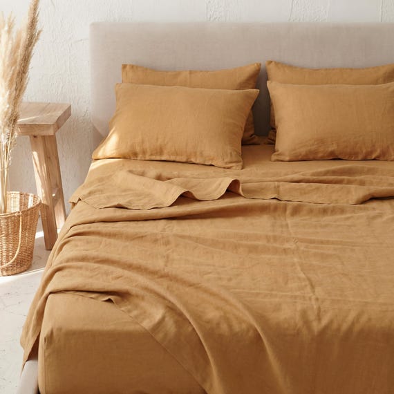 Linen Bedding, Yellow Ochre Linen Sheets, Bed Sheet Set Queen, King, Twin