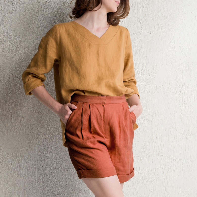 High waisted linen shorts with pockets, Natural linen clothing for women image 4