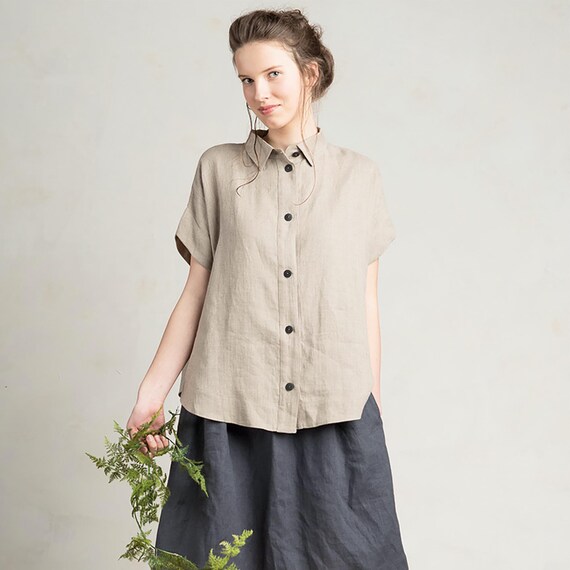 Linen Shirt for Women, Loose Fit Women's Shirt, Short Sleeve