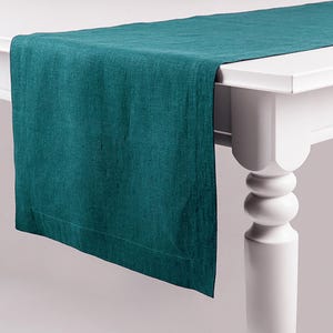 Handmade Linen Table Runner, Peacock Green, Boho Dining, Blue Green Runners