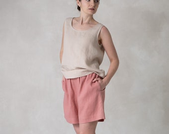 Shorts de lino con bolsillos y cintura elástica, Shorts naturales para mujer, Ropa de lino de ajuste relajado de Lovely Home Idea