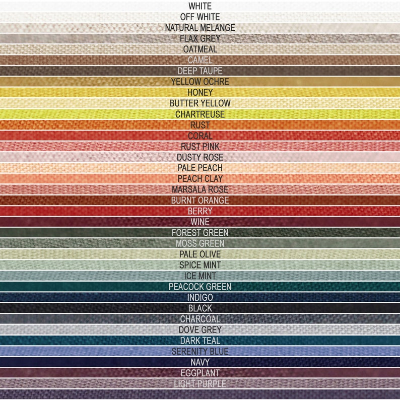 May include: A color chart with 28 fabric swatches, showing a variety of colors from white to light purple. The colors are arranged in rows, with the names of each color listed above the corresponding swatch.