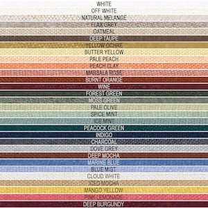 May include: A colour chart featuring horizontal fabric swatches with labels including White, Off White, Natural Melange, Flax Grey, Oatmeal, Deep Taupe, Yellow Ochre, Butter Yellow, Pale Peach, Peach Clay, Marsala Rose, Burnt Orange, Wine, Forest Green, Moss Green, Pale Olive, Spice Mint, Ice Mint, Peacock Green, Indigo, Charcoal, Dove Grey, Deep Mocha, Marine Blue, Blue Mist, Cloud White, Iced Mocha, Mango Yellow, Pink Lemonade, and Deep Burgundy.