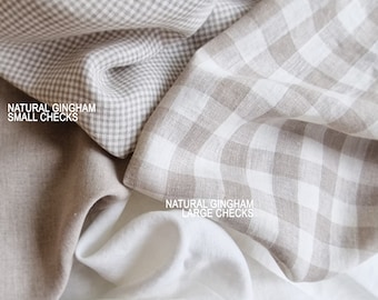 Linen fabric Natural Gingham, Extra wide linen fabric by the yard, Gingham linen fabric by meter, Checked linen fabrics