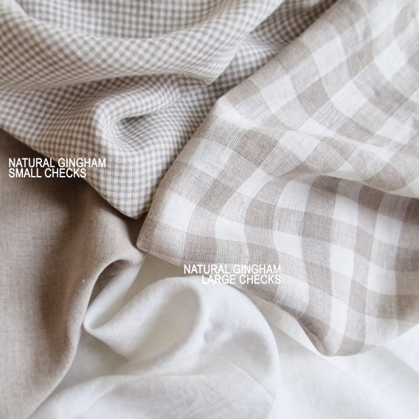 Linen fabric Natural Gingham, Extra wide linen fabric by the yard, Gingham linen fabric by meter, Checked linen fabrics
