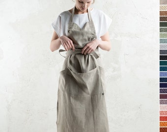 Natural linen apron in various colors, Long linen apron, Full aprons for women, Gift for cook and kitchen enthusiast