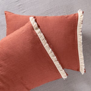 Linen pillowcase with fringe and envelope closure, Burnt orange linen pillowcase Standard, King, Queen, Terracotta linen bedding with fringe image 3