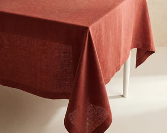 Gebrannte Orange Leinentischdecke, Rechteck, Quadrat, Tischdecke nach Maß